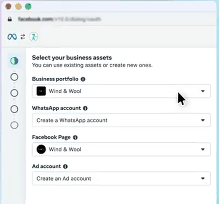 The asset step, with a Business portfolio dropdown above WhatsApp account, Facebook Page and Ad account.