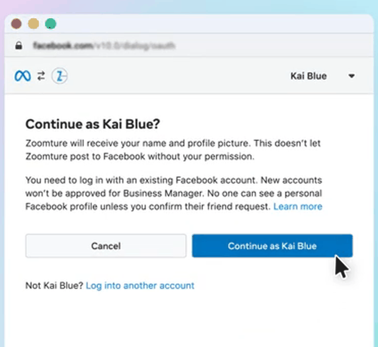 Meta's window asking to continue with the signed-in Facebook account.