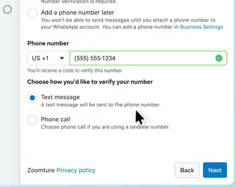 The number entered, with a choice between a text message and a phone call.
